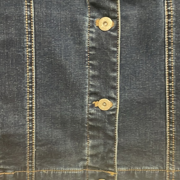 Chico’s size 2 Pearl & Rhinestone encrusted mock neck blue denim jacket. - Picture 5 of 7